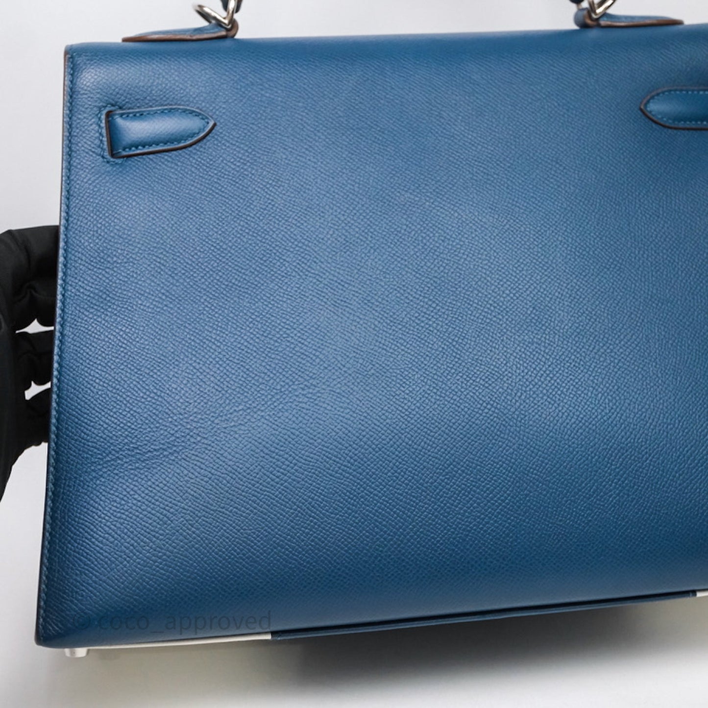 Hermès Kelly 32 Sellier Bleu Thalassa 7A/ White Epsom Palladium Hardware