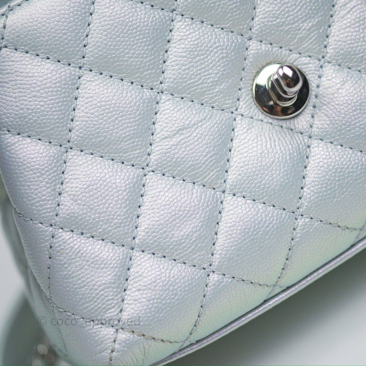 Chanel Mini Coco Handle Quilted Iridescent Light Blue Caviar Rainbow Hardware