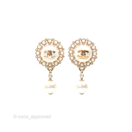 Chanel CC Crystal Pearl Drop Earrings Gold Tone 19B