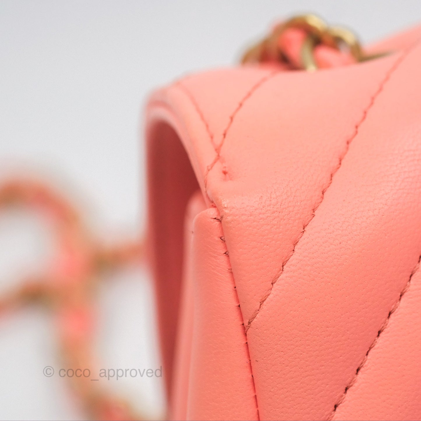 Chanel Chevron Mini Rectangular Flap Peach Pink Lambskin Aged Gold Hardware