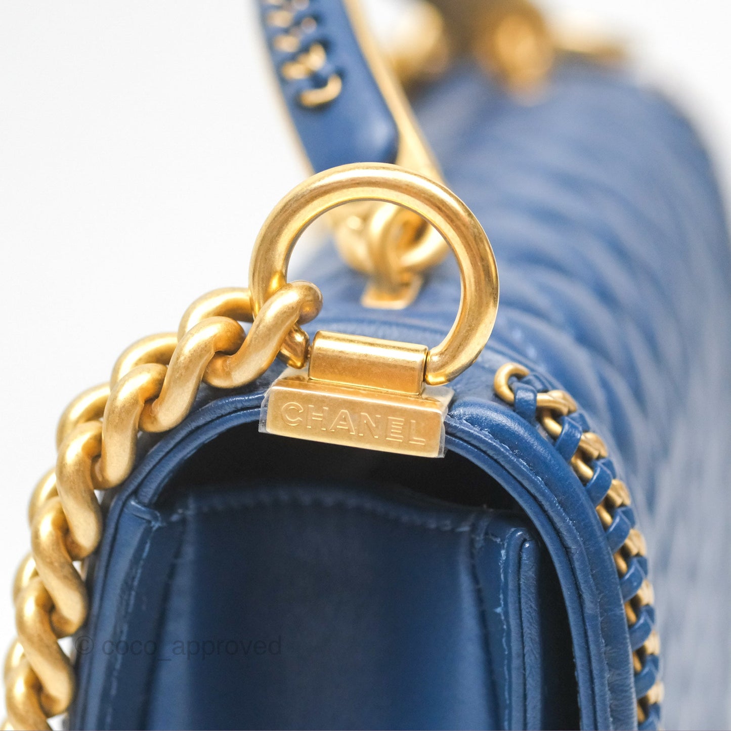 Chanel Quilted Medium Boy With Handle Dark Blue Calfskin Aged Gold Hardware
