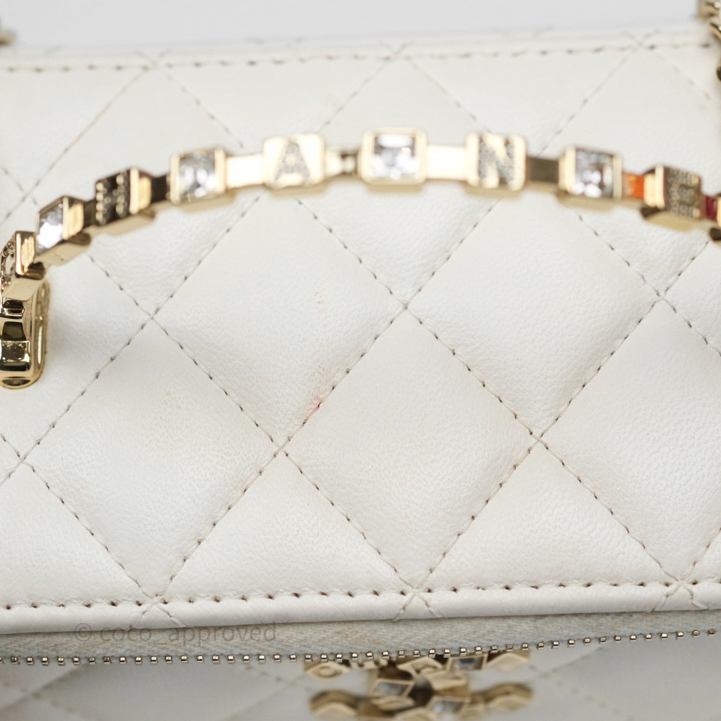 Chanel Logo Crystals Top Handle Vanity Rectangular White Lambskin Gold Hardware