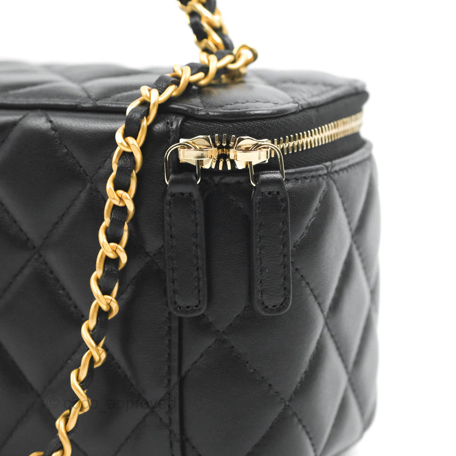 Chanel Vanity Rectangular with Top Handle Black Lambskin Aged Gold Hardware