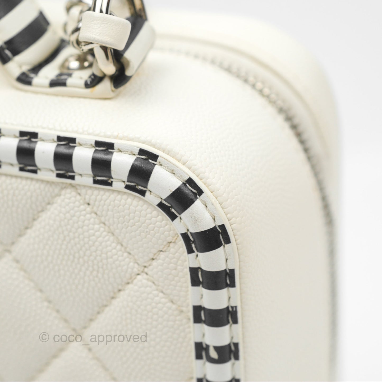 Chanel Quilted Medium CC Filigree Vanity Case White Black Stripe Caviar Silver Hardware