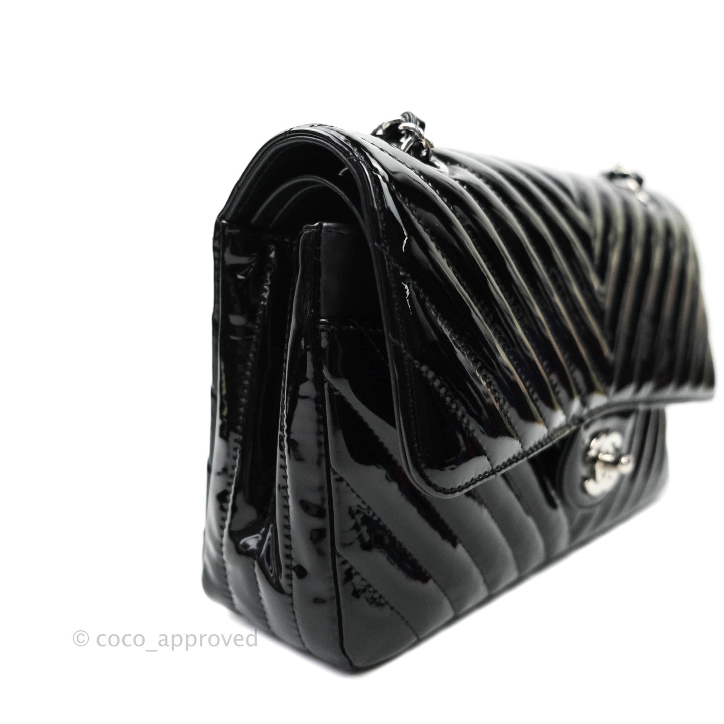 Chanel Classic Chevron M/L Medium Double Flap Black Patent Silver Hardware