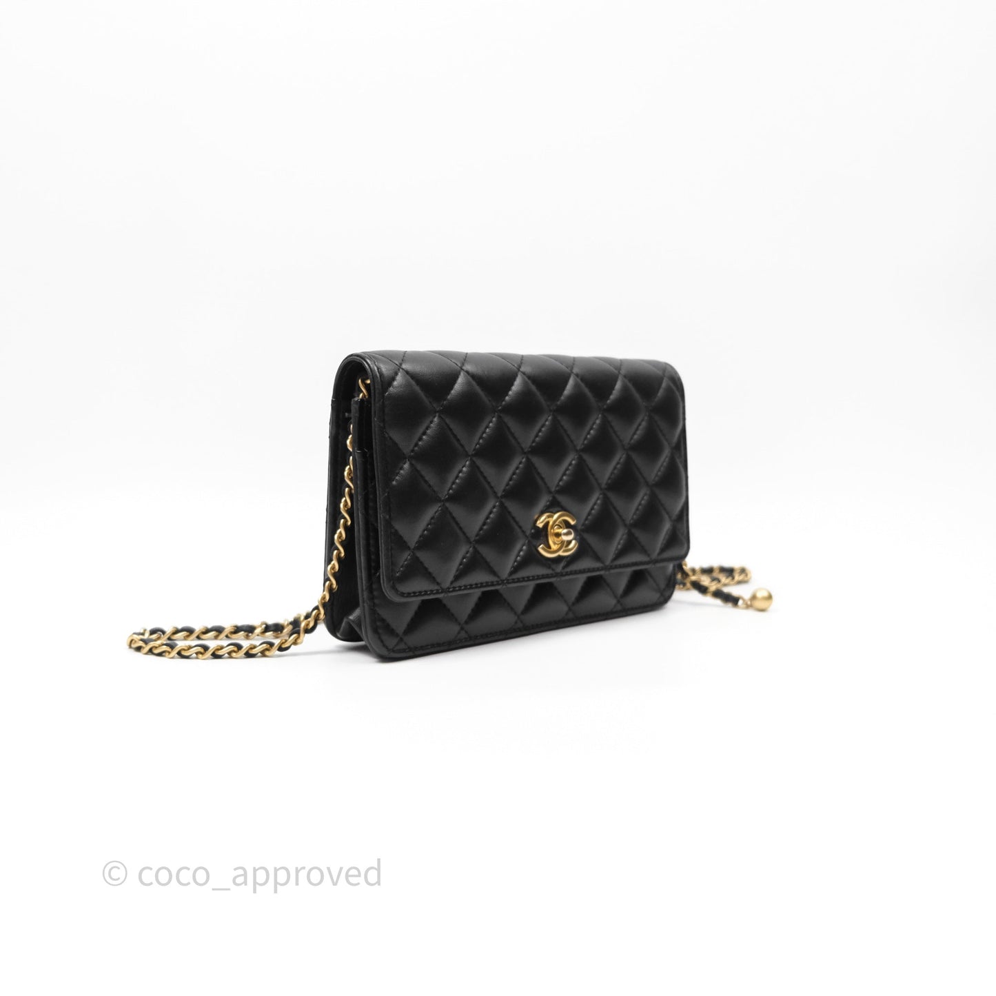 Chanel Quilted Pearl Crush Wallet on Chain WOC Black Lambskin Aged Gold Hardware