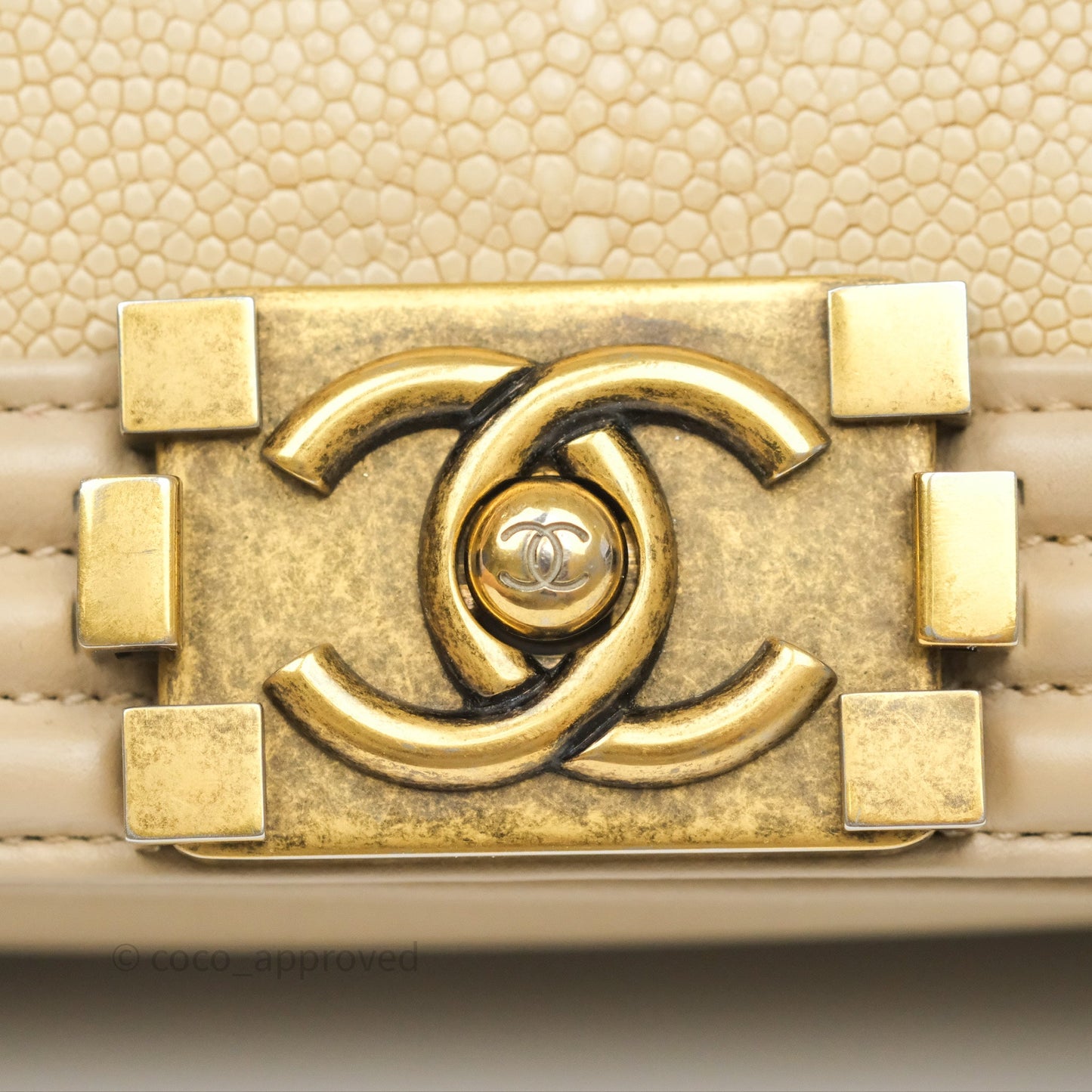 Chanel Small Boy Stingray Beige Antique Gold Hardware