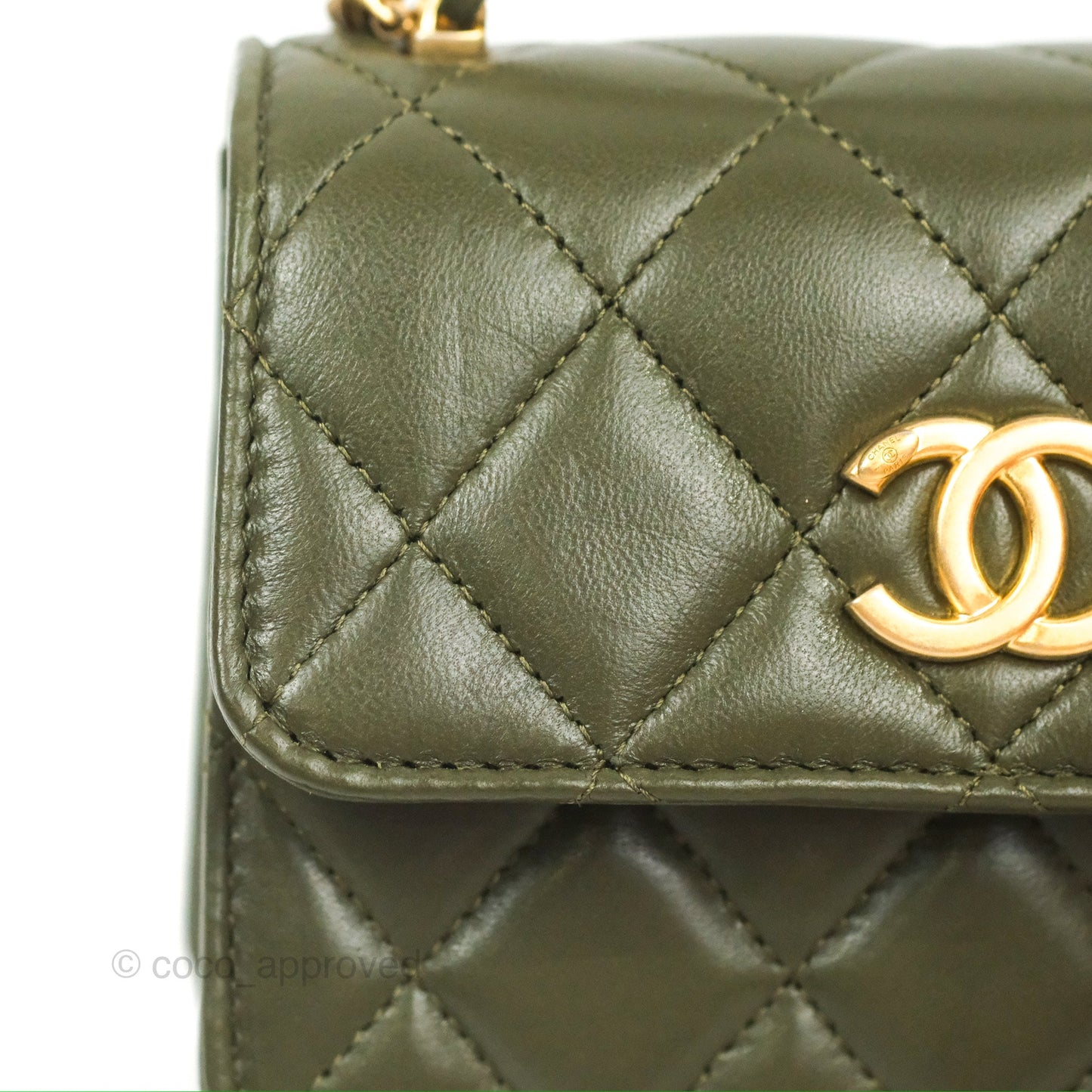 Chanel Top Handle Clutch With Chain Army Green Lambskin Aged Gold Hardware