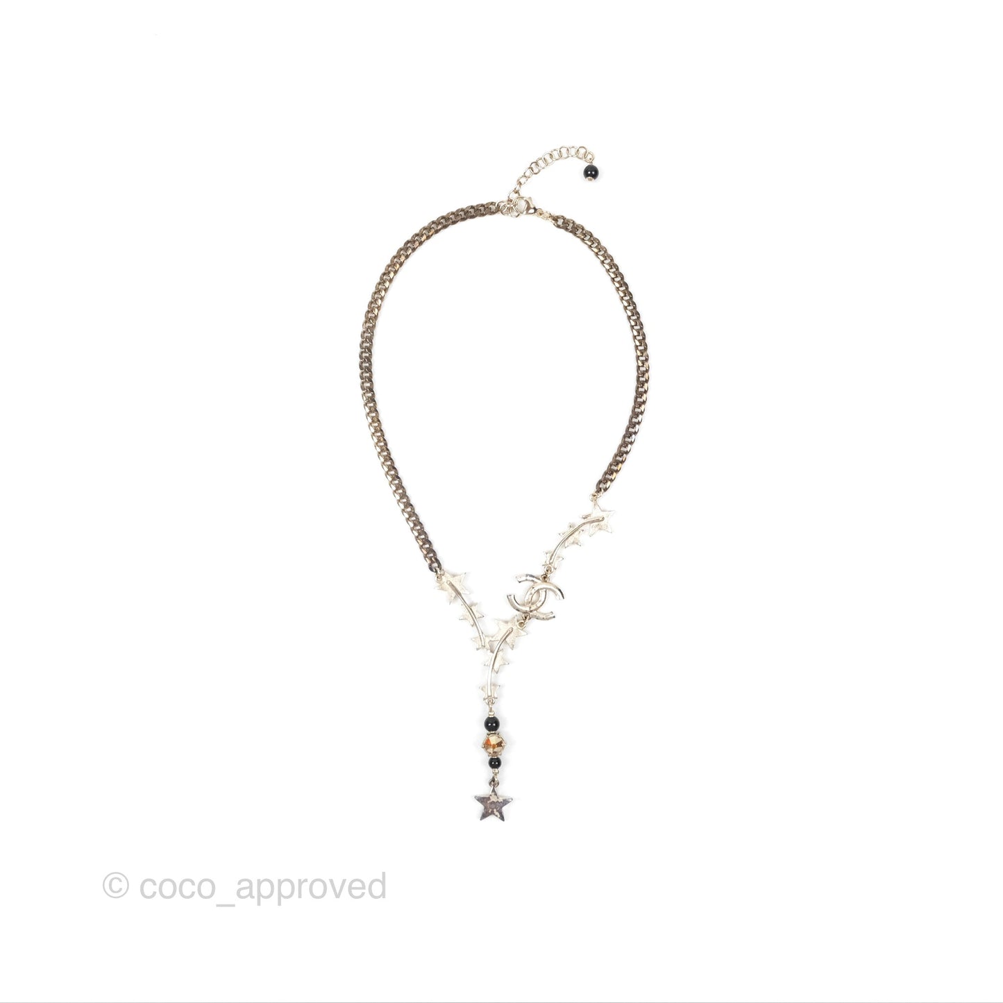 Chanel Crystal CC Star Drop Necklace Gold Tone 21S