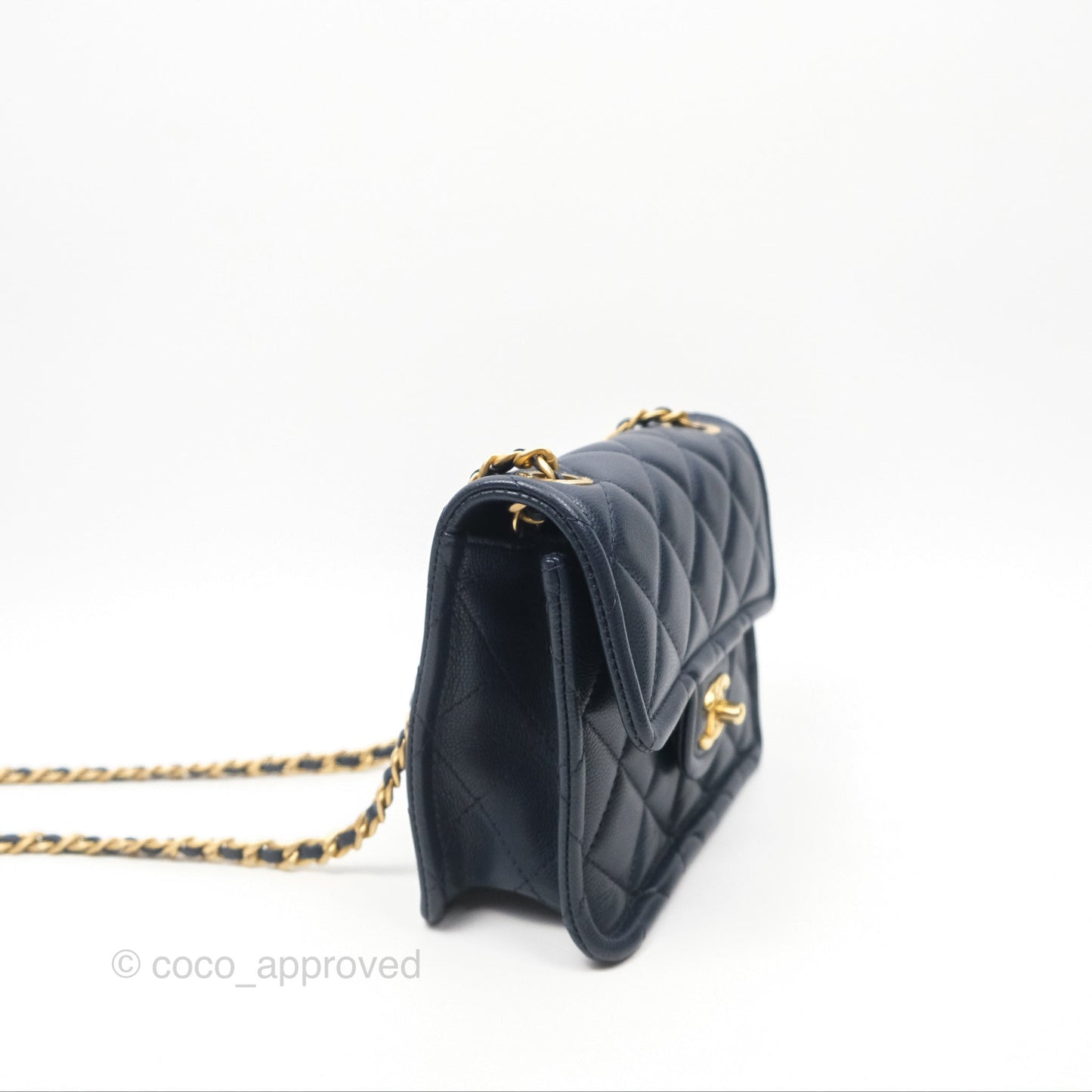 Chanel Mini Square Sweet Quilted Flap Navy Caviar Aged Gold Hardware 21P