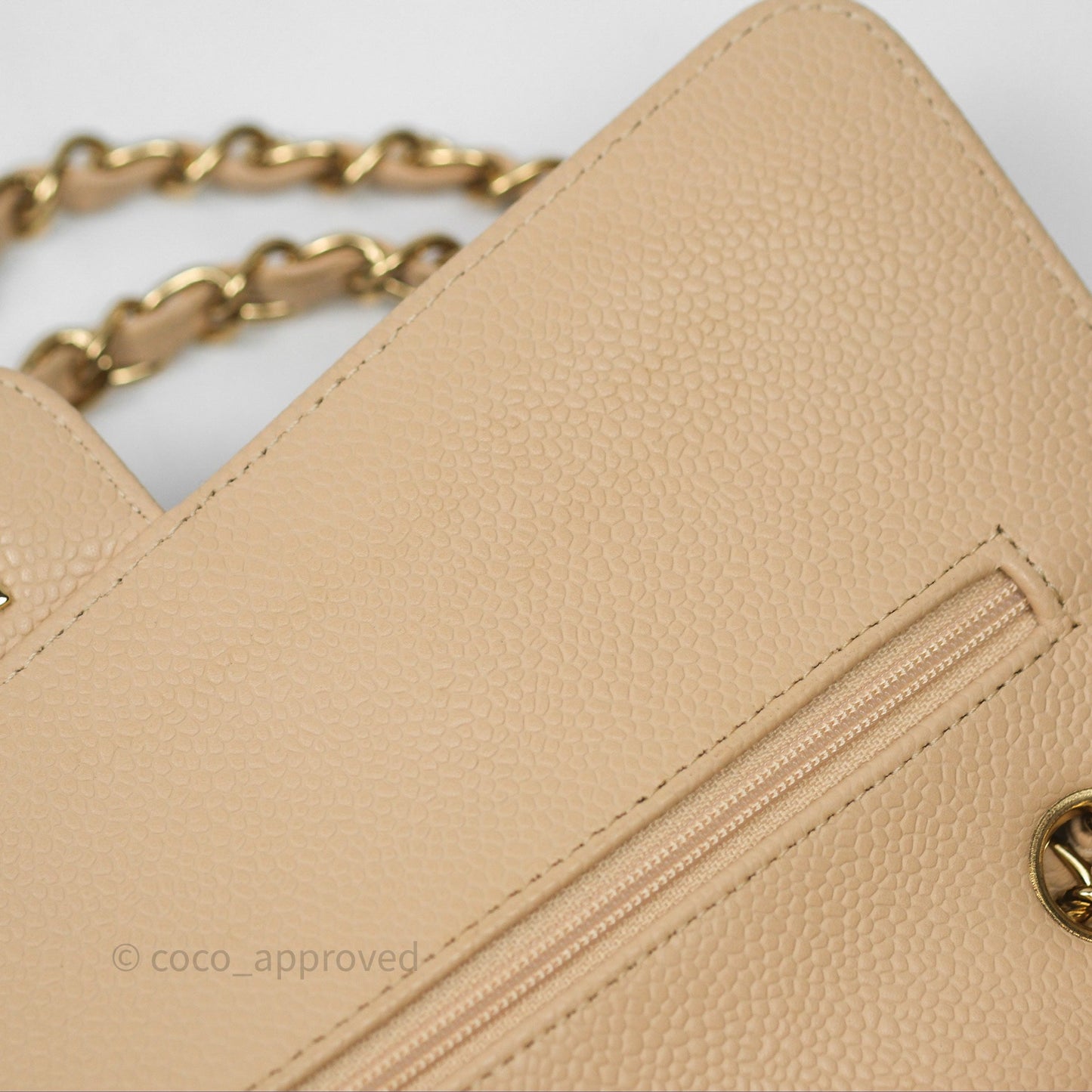 Chanel M/L Medium Classic Flap Quilted Beige Caviar Gold Hardware