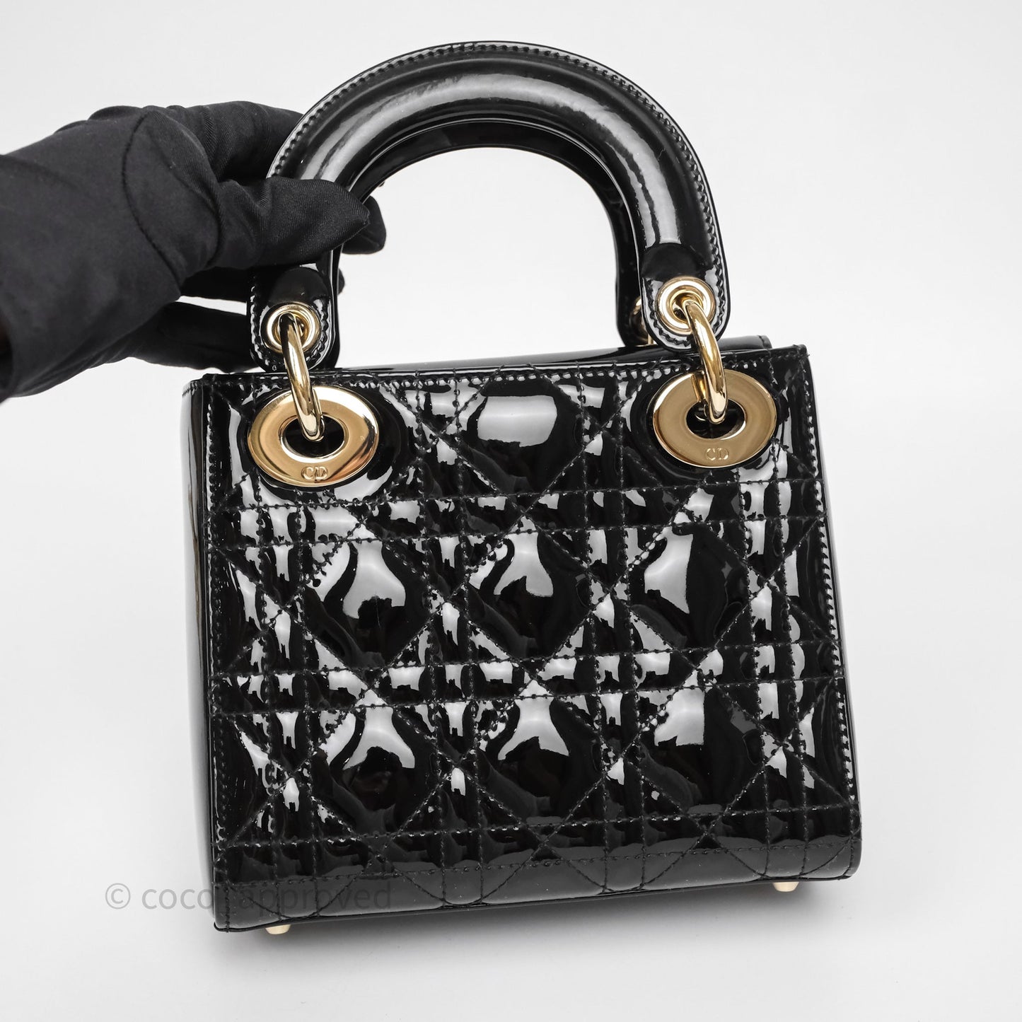 Christian Dior Mini Lady Dior Black Cannage Patent Gold Hardware