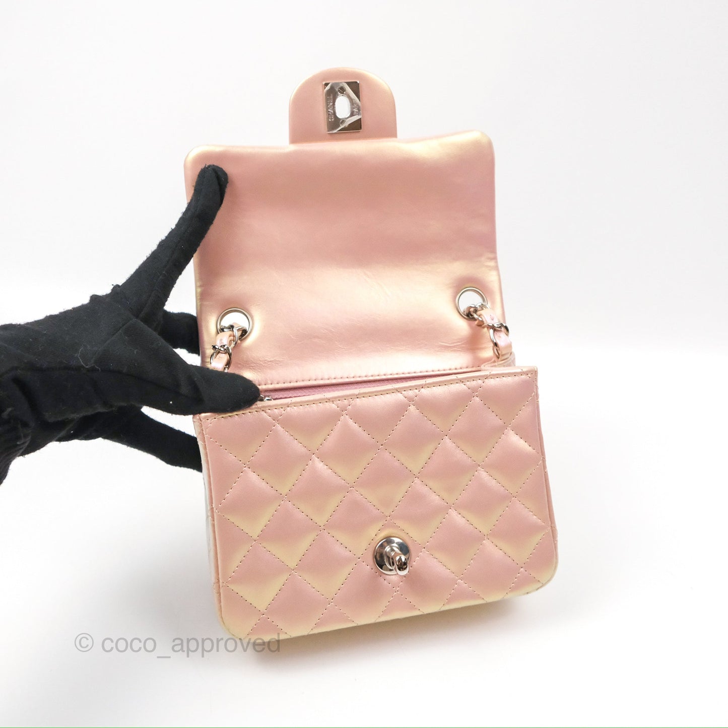 Chanel Mini Square Quilted Iridescent Pink Silver Hardware