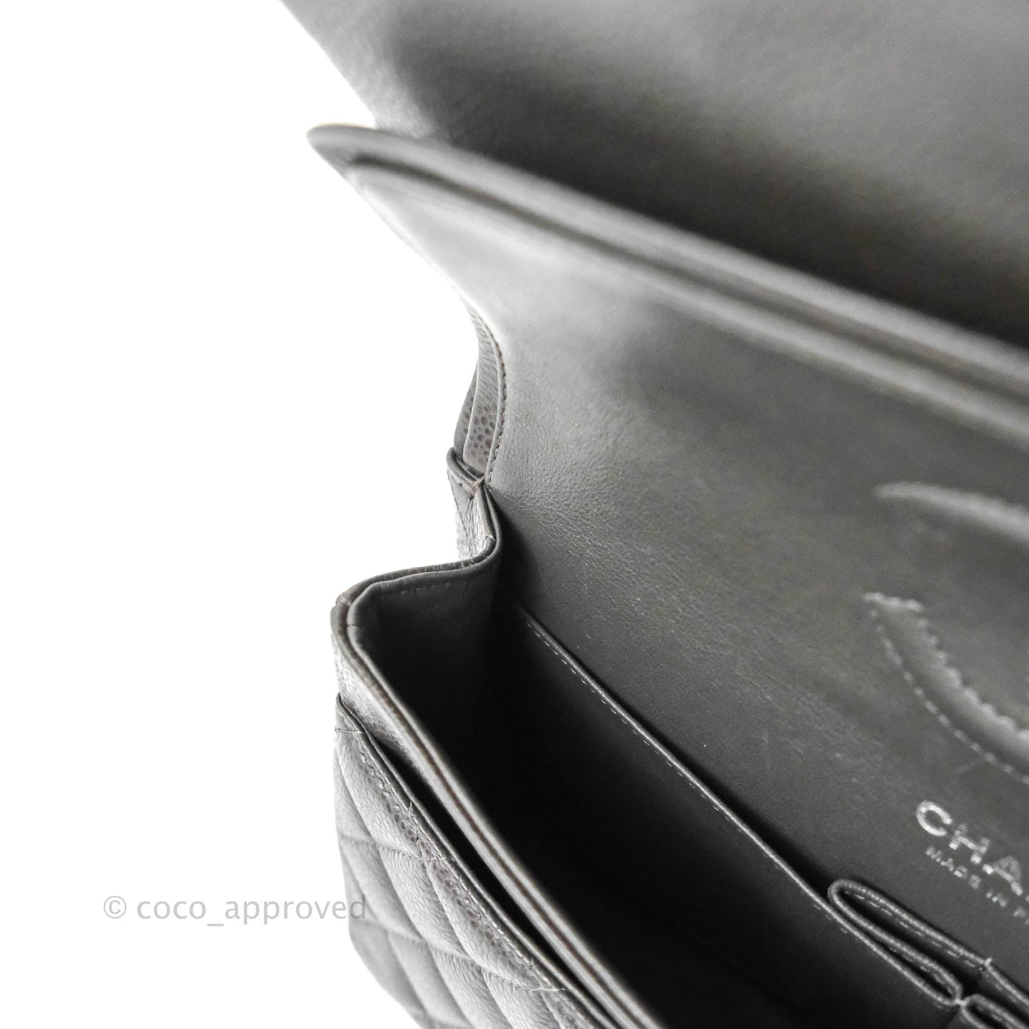 Chanel Quilted M/L Medium Double Flap Dark Grey Caviar Silver Hardware
