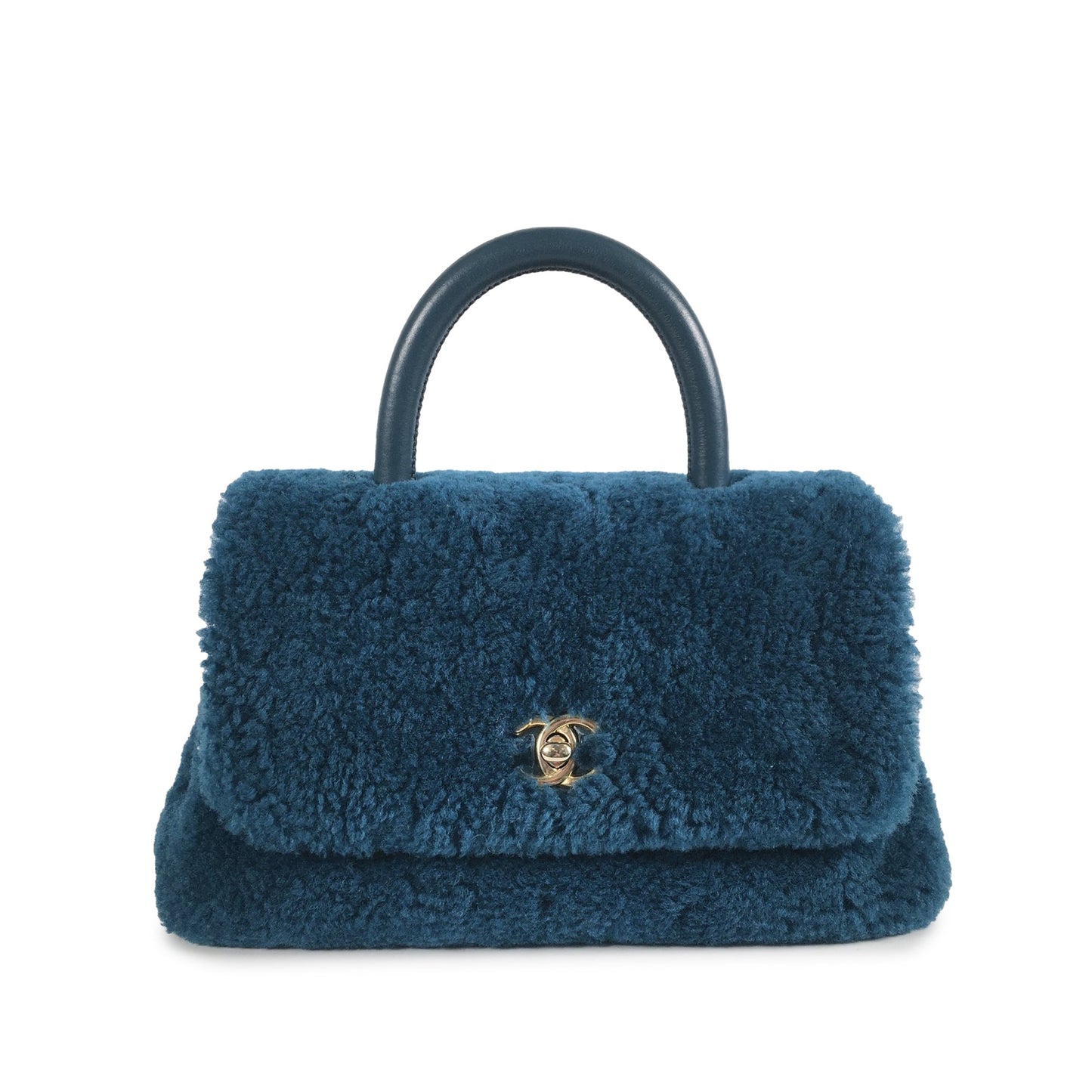 Luxury Chanel Coco Top Handle Small Blue Shearling Gold