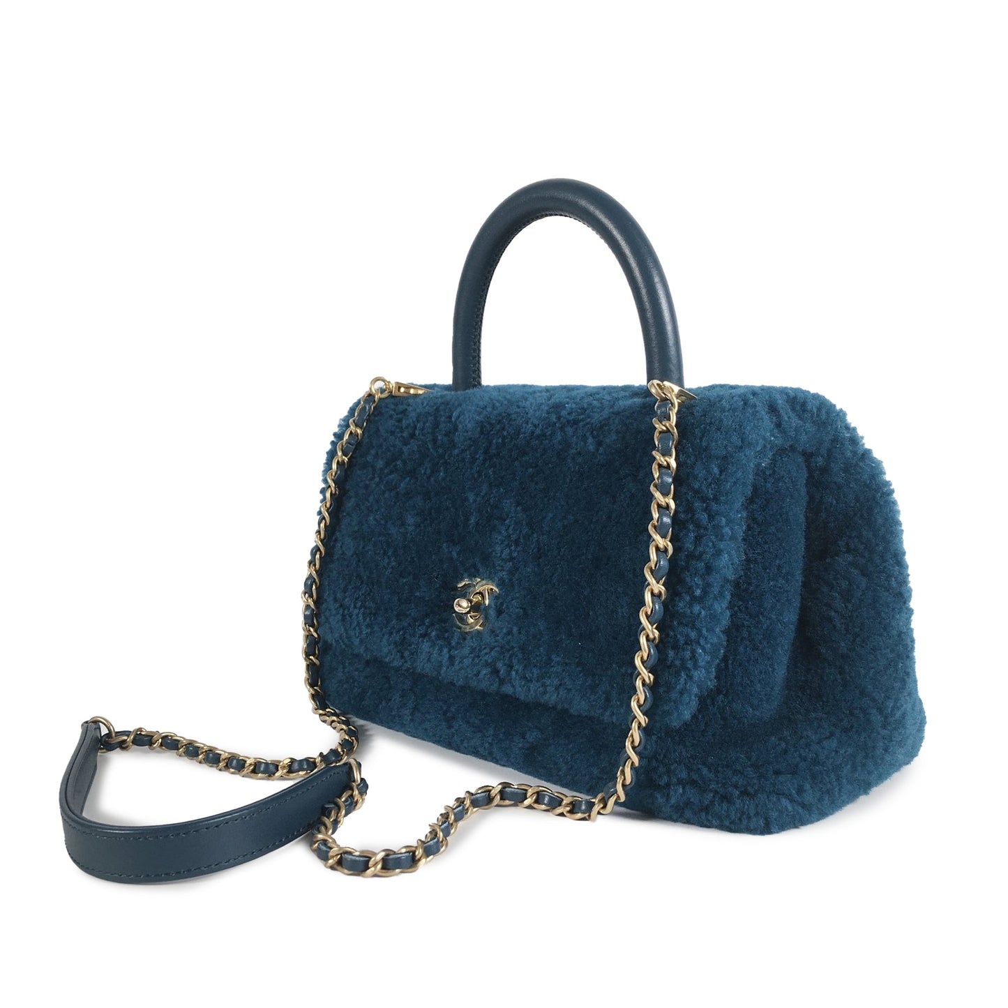 Luxury Chanel Coco Top Handle Small Blue Shearling Gold