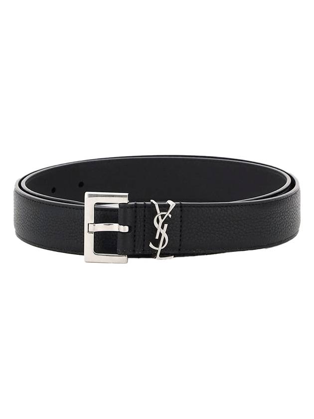 Luxury Saint Laurent Grained Leather Silver Monogram Belt Black