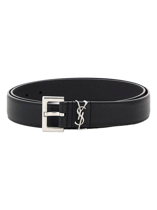 Luxury Saint Laurent Grained Leather Silver Monogram Belt Black
