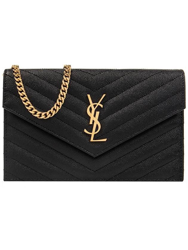 Luxury Saint Laurent Grain De Poudre Embossed Envelope Chain Long Wallet Black