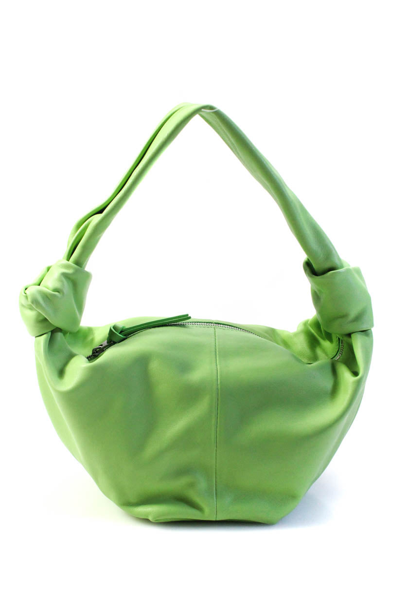 Luxury Bottega Veneta Womens Single Handle Zip Top Double Knot Handbag Green Leather