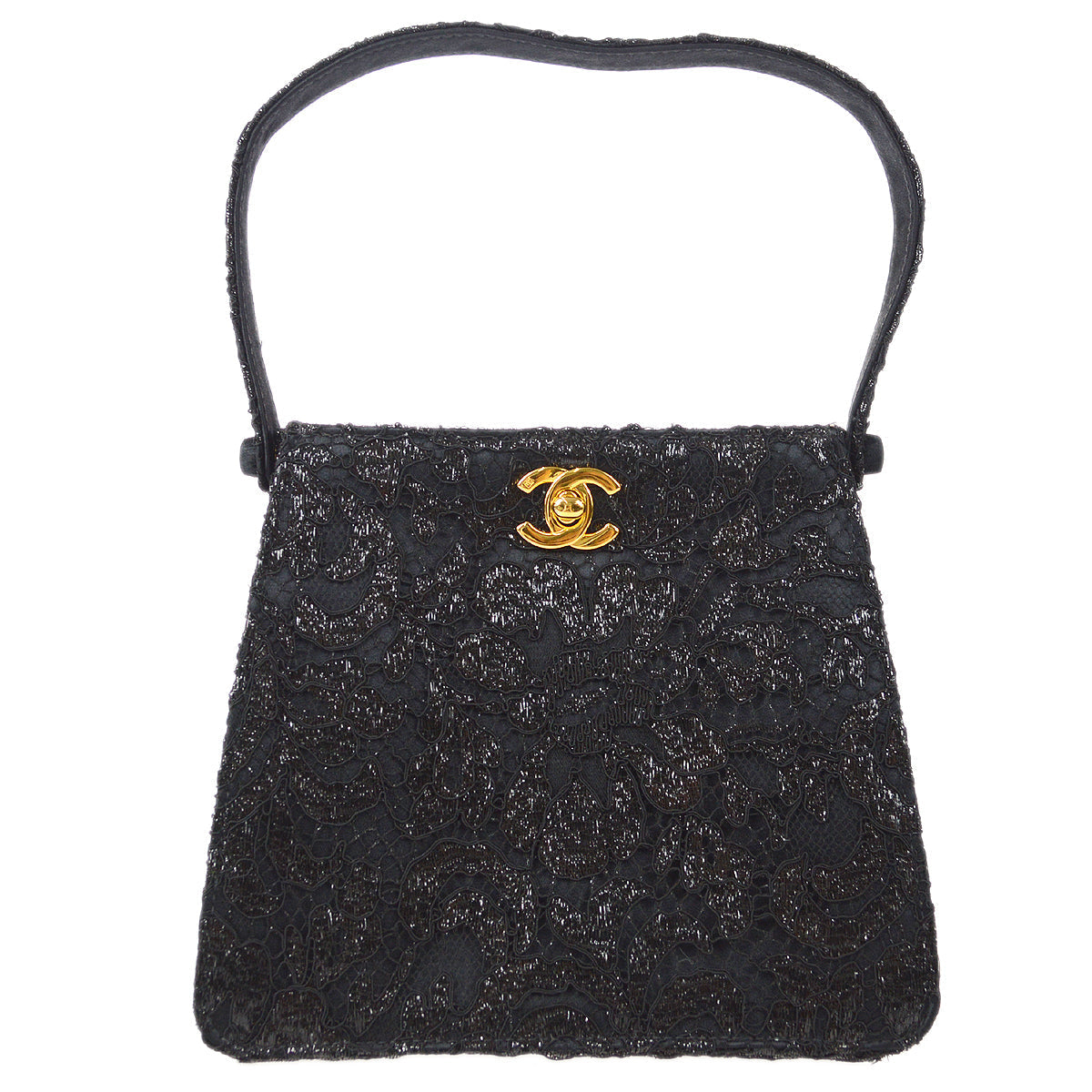Luxury Chanel * 1997-1999 Lace Both Side Handbag Black Satin