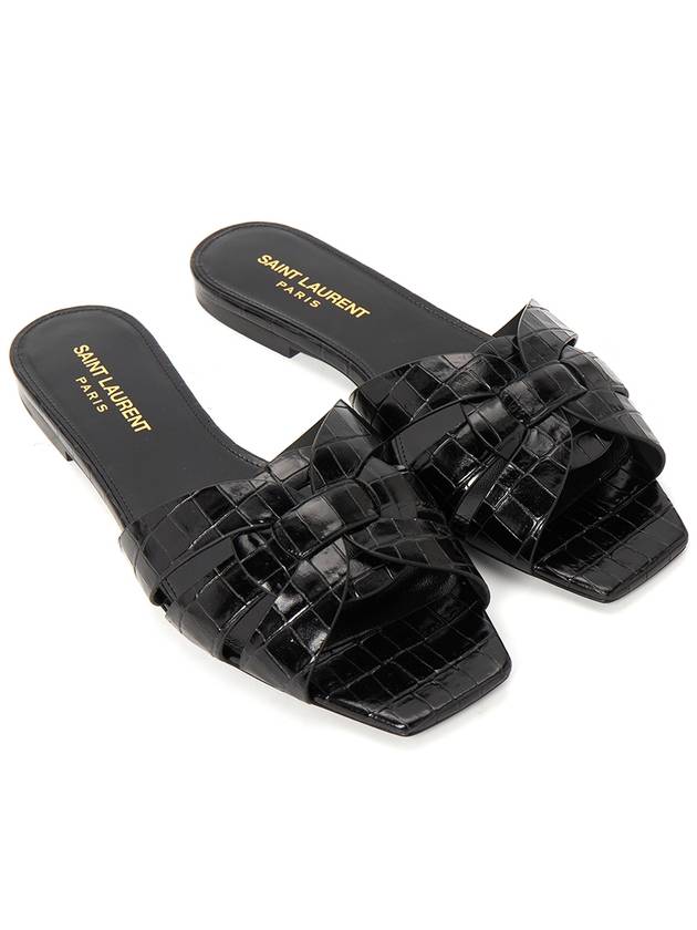 Luxury Saint Laurent Tribute Crocodile Embossed Shiny Leather Mules Black