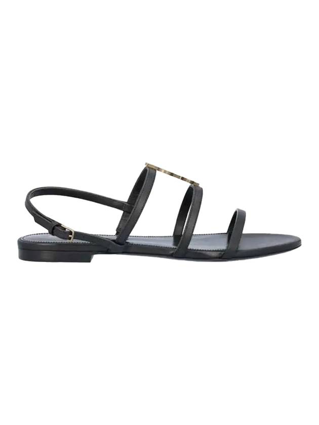 Luxury Saint Laurent Women's Smooth Leather Gold Tone Monogram Detail Cassandra Flat Sandals Black