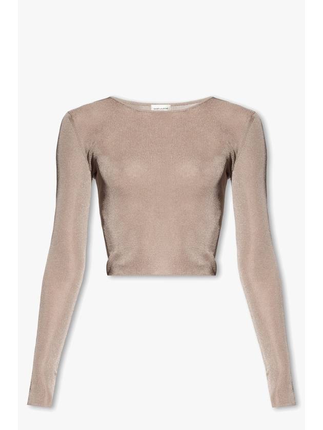 Luxury Saint Laurent Rib Detail Viscose Crop Long Sleeve T-Shirt Pink