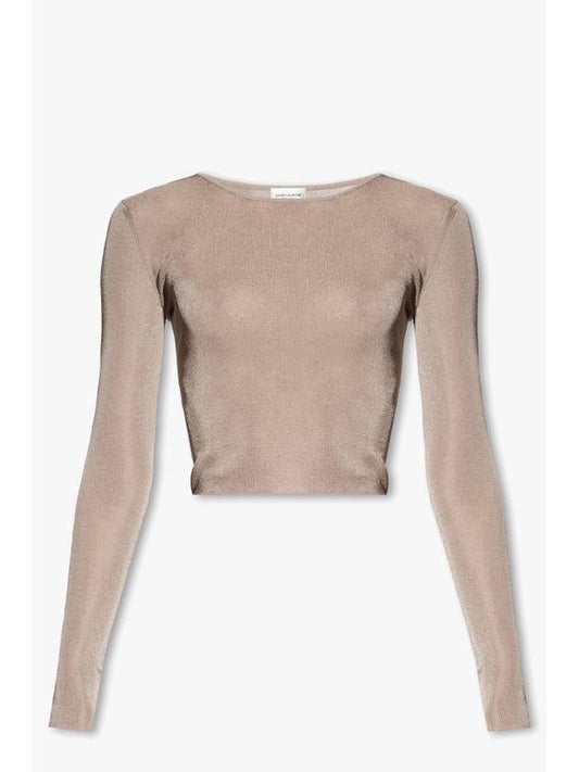 Luxury Saint Laurent Rib Detail Viscose Crop Long Sleeve T-Shirt Pink