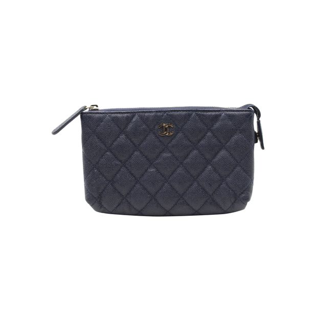 Luxury Chanel Navy Blue Caviar Leather Makeup Pouch