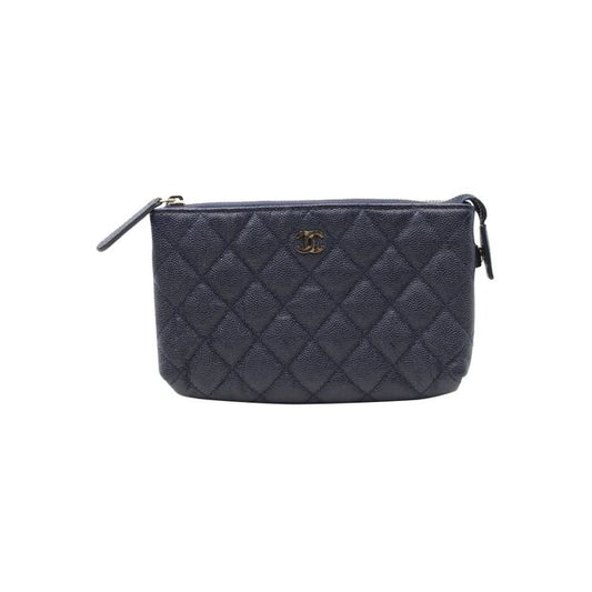 Luxury Chanel Navy Blue Caviar Leather Makeup Pouch