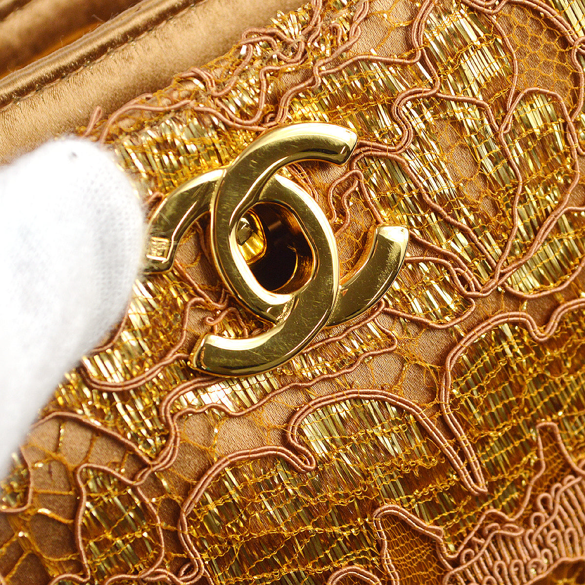 Luxury Chanel 1997-1999 * Double Side Turnlock Handbag Gold Satin