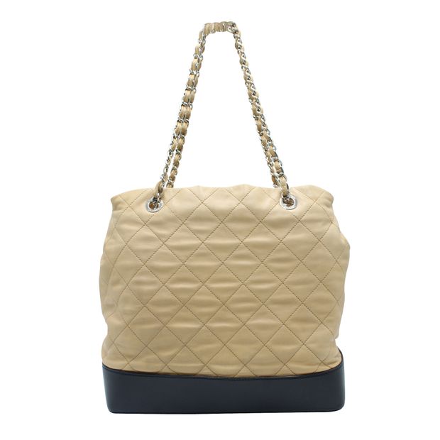 Luxury Chanel Light Brown And Black Quilted Tote Bag In Silver Hardware