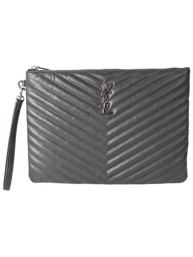 Luxury Saint Laurent Monogram Cassandre Matelasse Silver Leather Clutch Bag Grey