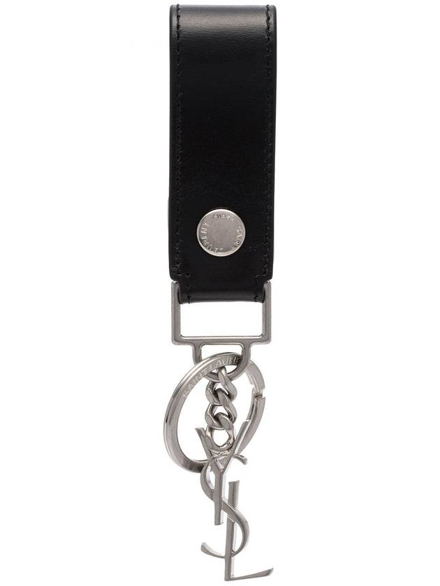Luxury Saint Laurent Monogram Leather Key Holder Black Silver