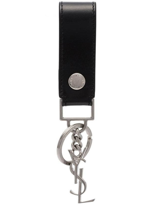 Luxury Saint Laurent Monogram Leather Key Holder Black Silver