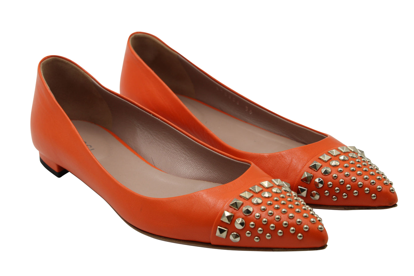 Luxury Gucci Trending 2025 Silver Studded Point-Toe Ballet Flats in Orange Leather