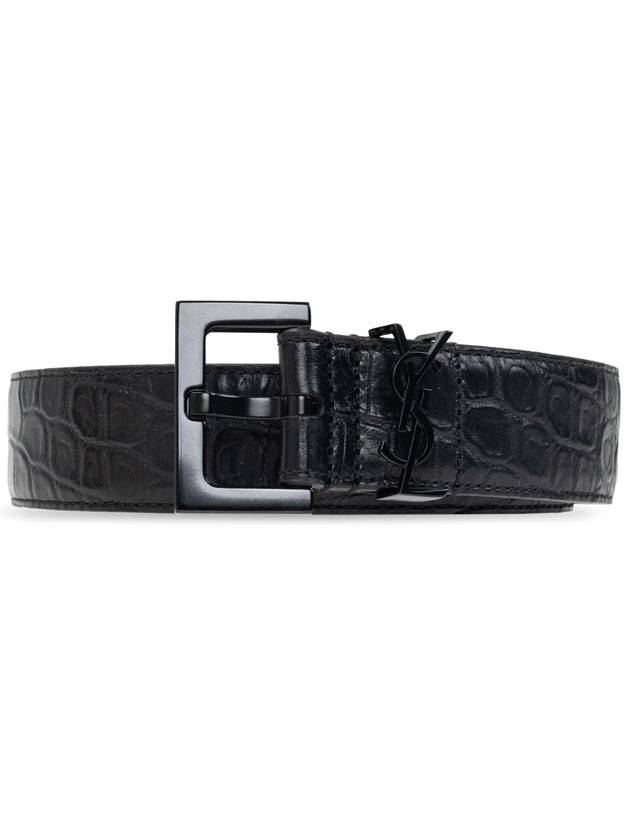 Luxury Saint Laurent Monogram Crocodile Embossed Leather Belt Black