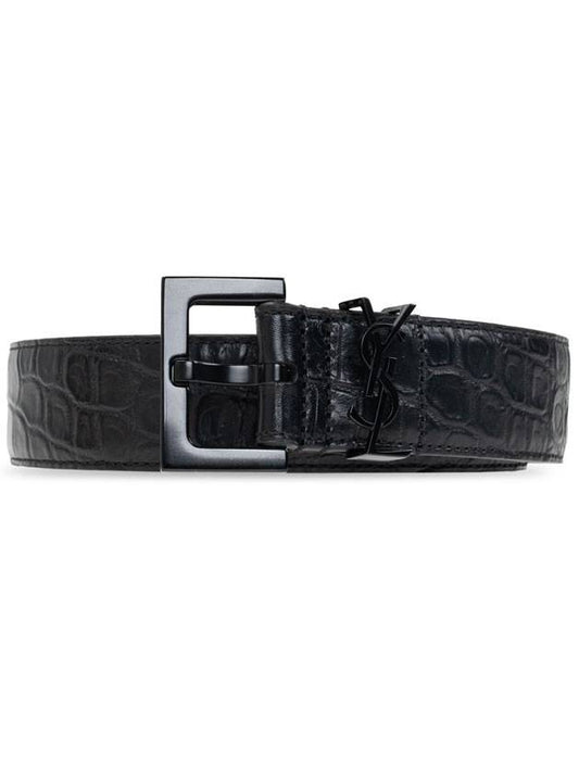 Luxury Saint Laurent Monogram Crocodile Embossed Leather Belt Black