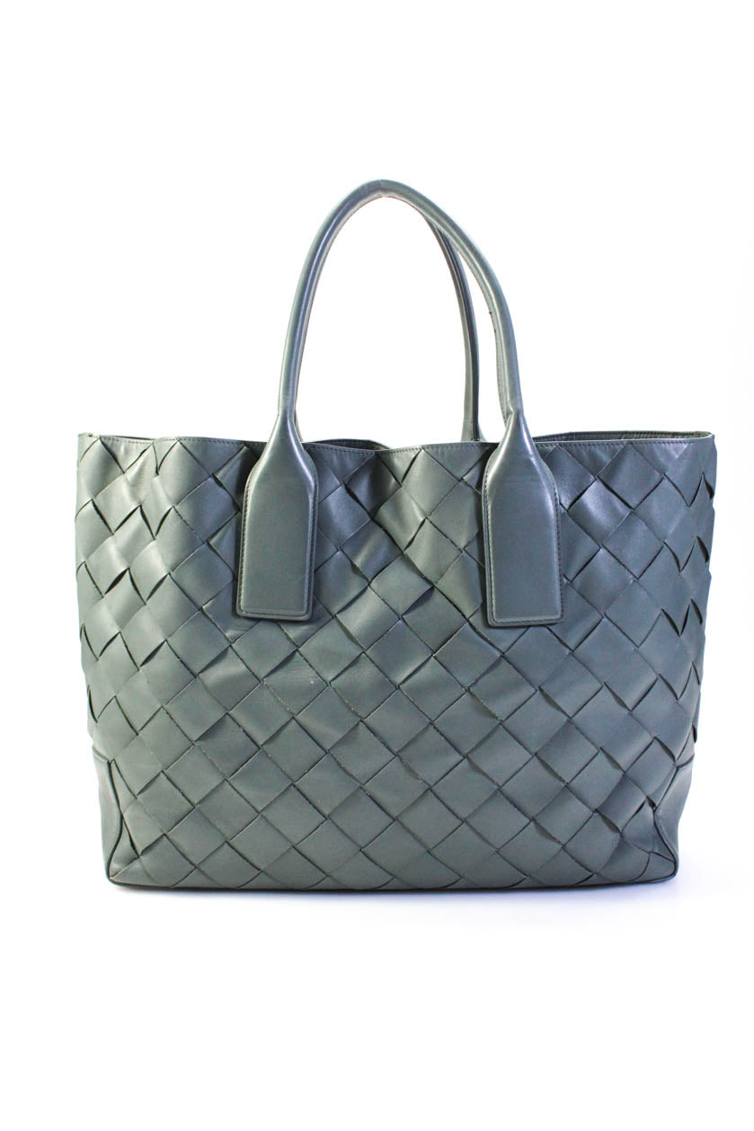 Luxury Bottega Veneta Womens Lambskin Large Cabat Tote Handbag Teal Gray