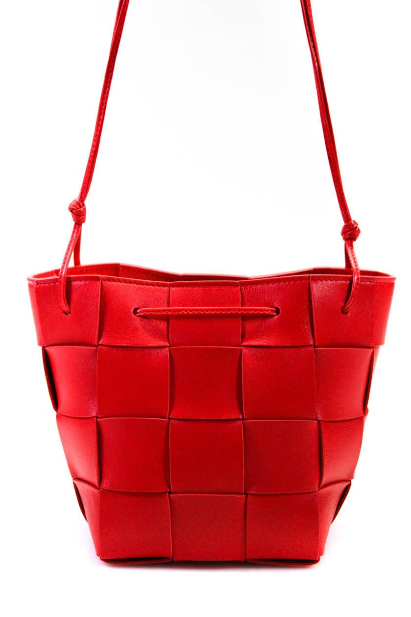 Luxury Bottega Veneta Womens Small Cassette Intrecciato Leather Bucket Bag Handbag Red