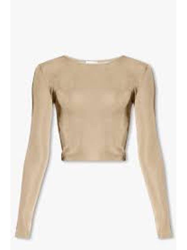 Luxury Saint Laurent Rib Detail Viscose Crop Long Sleeve T-Shirt Beige