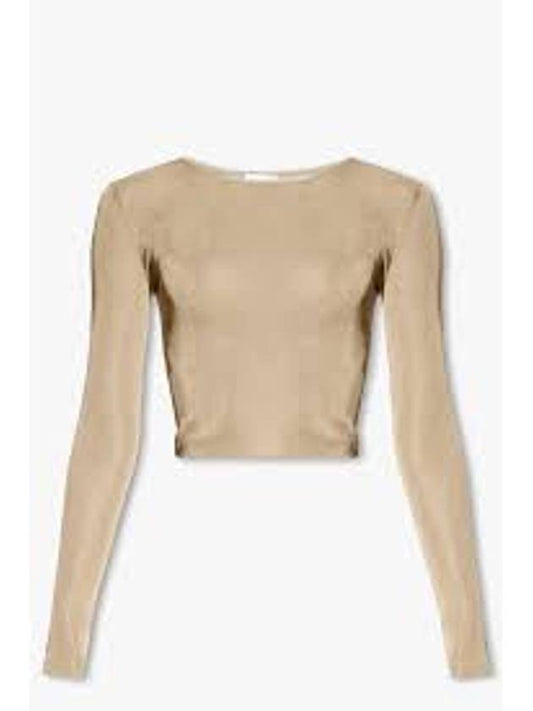 Luxury Saint Laurent Rib Detail Viscose Crop Long Sleeve T-Shirt Beige