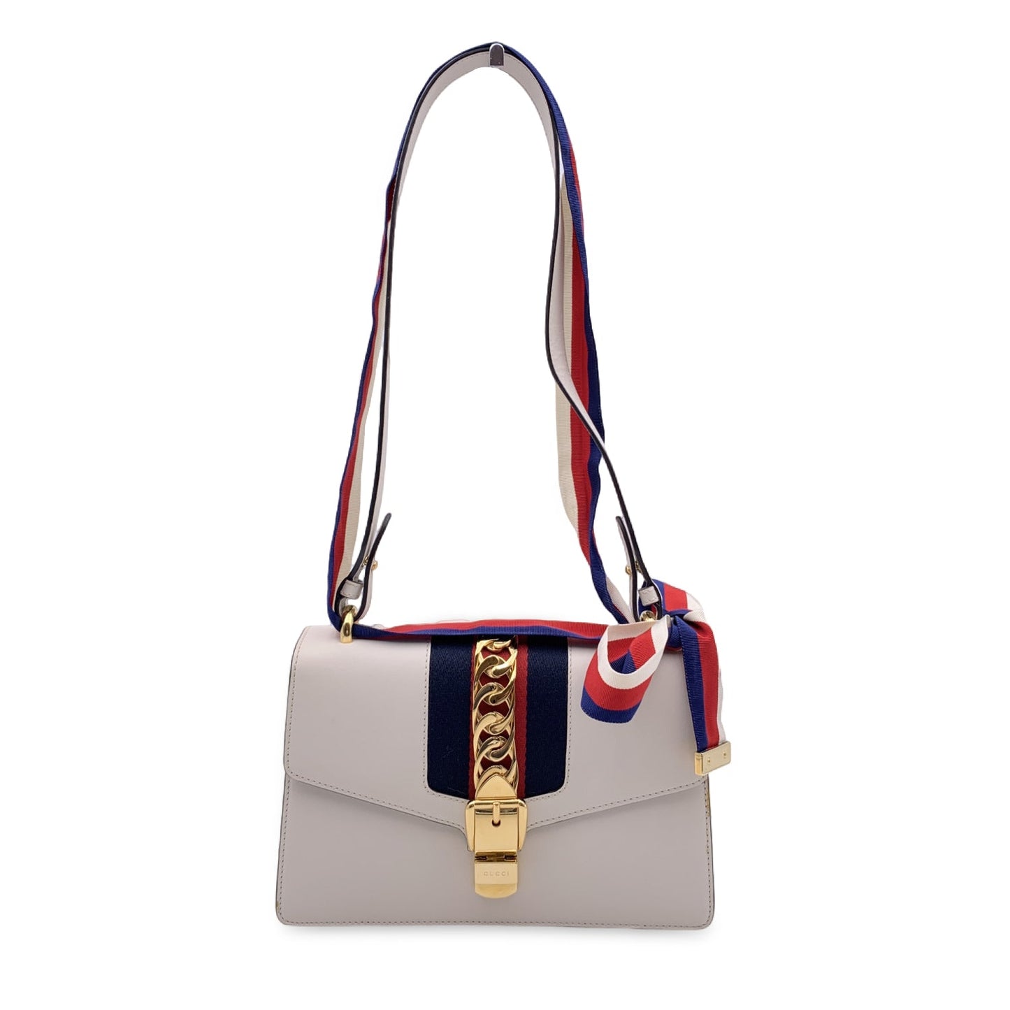 Luxury Gucci White Leather Sylvie Small Signature Web Shoulder Bag
