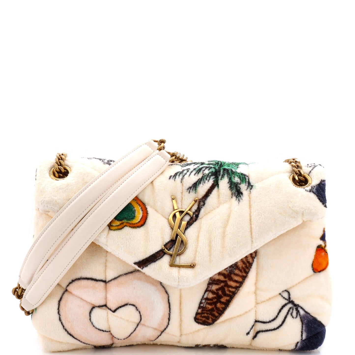 Luxury Saint Laurent Loulou Puffer Shoulder Bag Quilted Printed Terry Cloth Small
