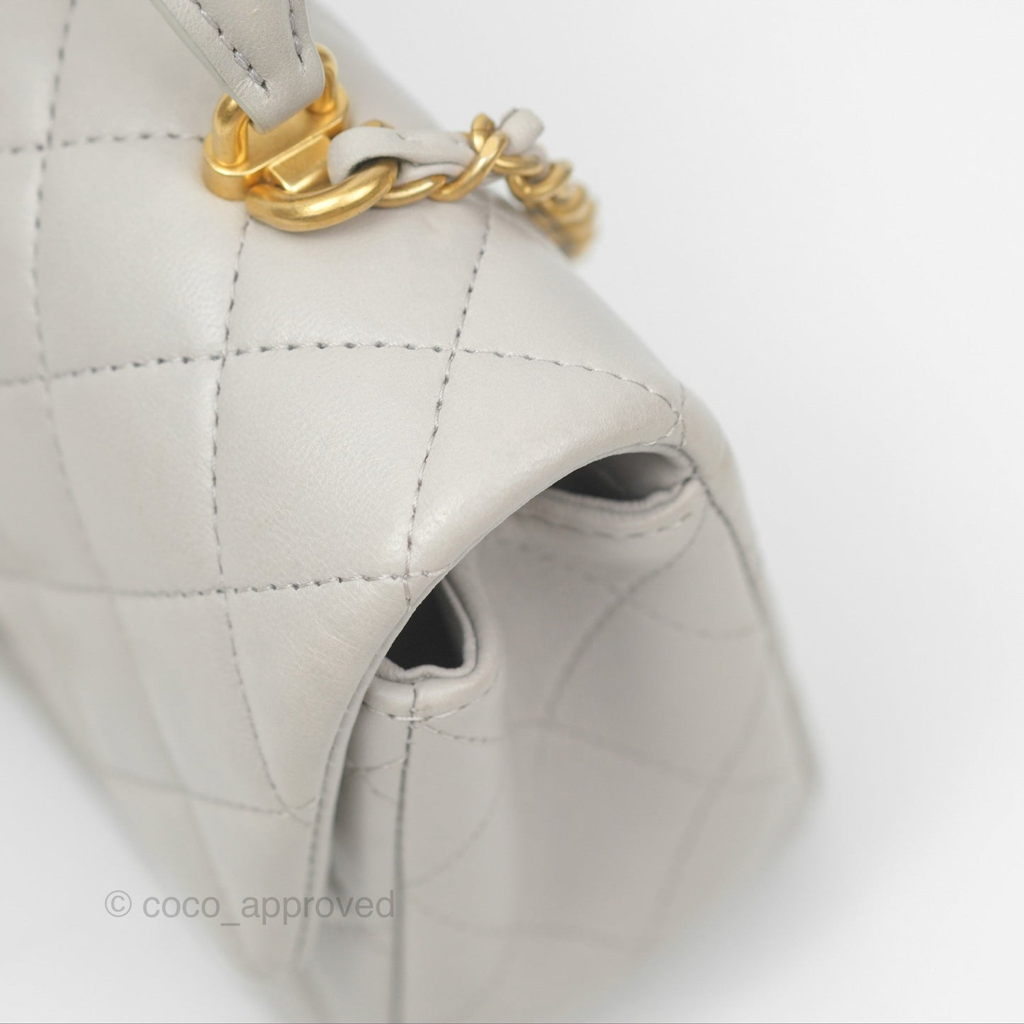 Chanel Top Handle Mini Rectangular Flap Bag Light Grey Lambskin Aged Gold Hardware