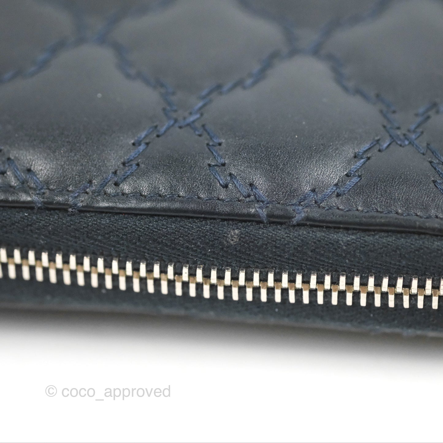 Chanel Quilted Zip Long Wallet Navy Lambskin Silver Hardware