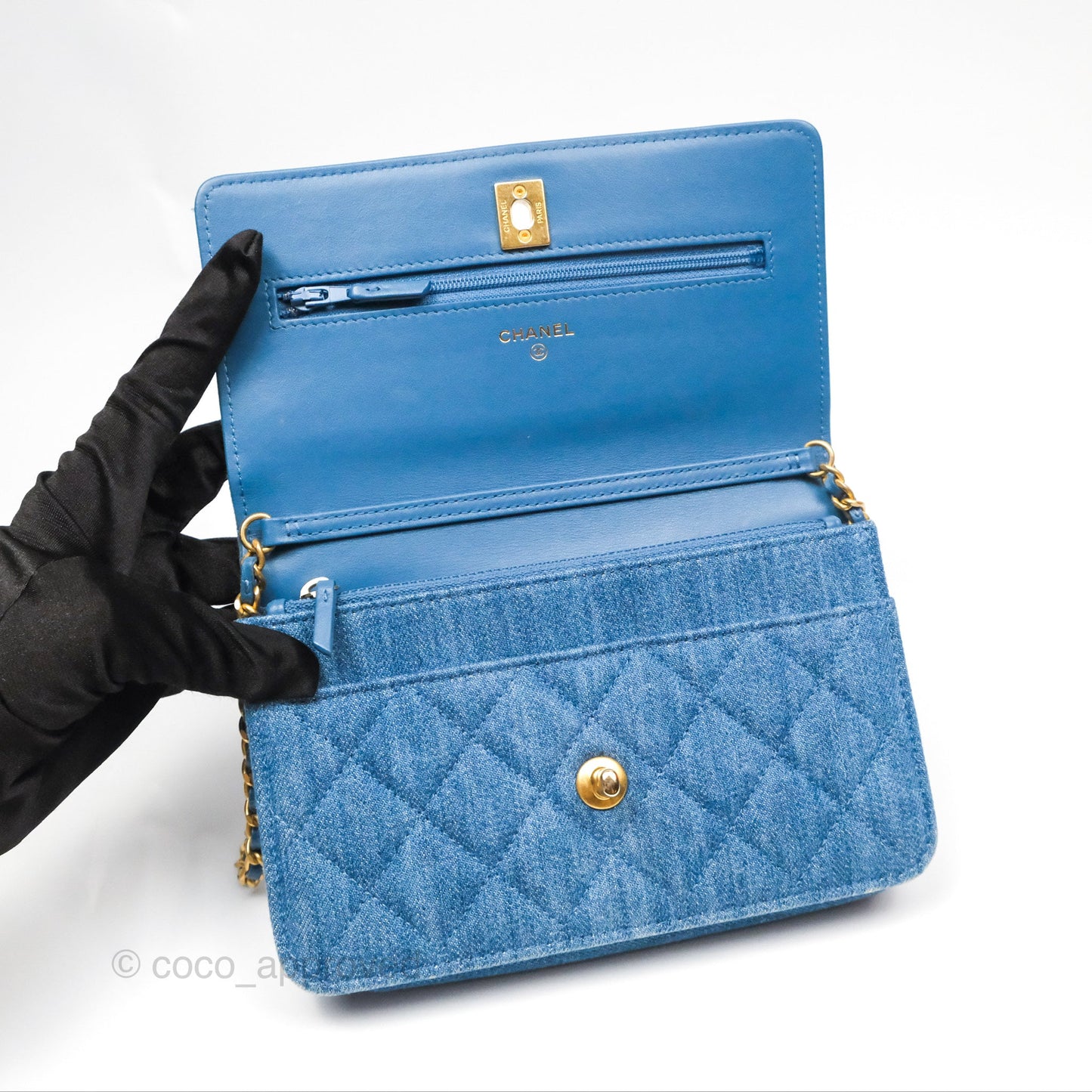 Chanel Quilted Pearl Crush Wallet on Chain WOC Denim Aged Gold Hardware
