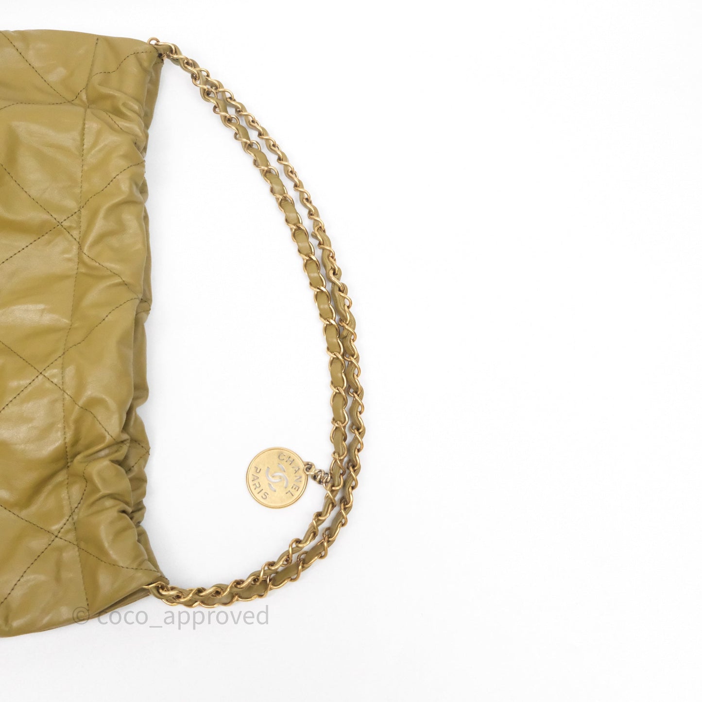Chanel 22 Bag Medium Crumpled Olive Green Calfskin Aged Gold Hardware