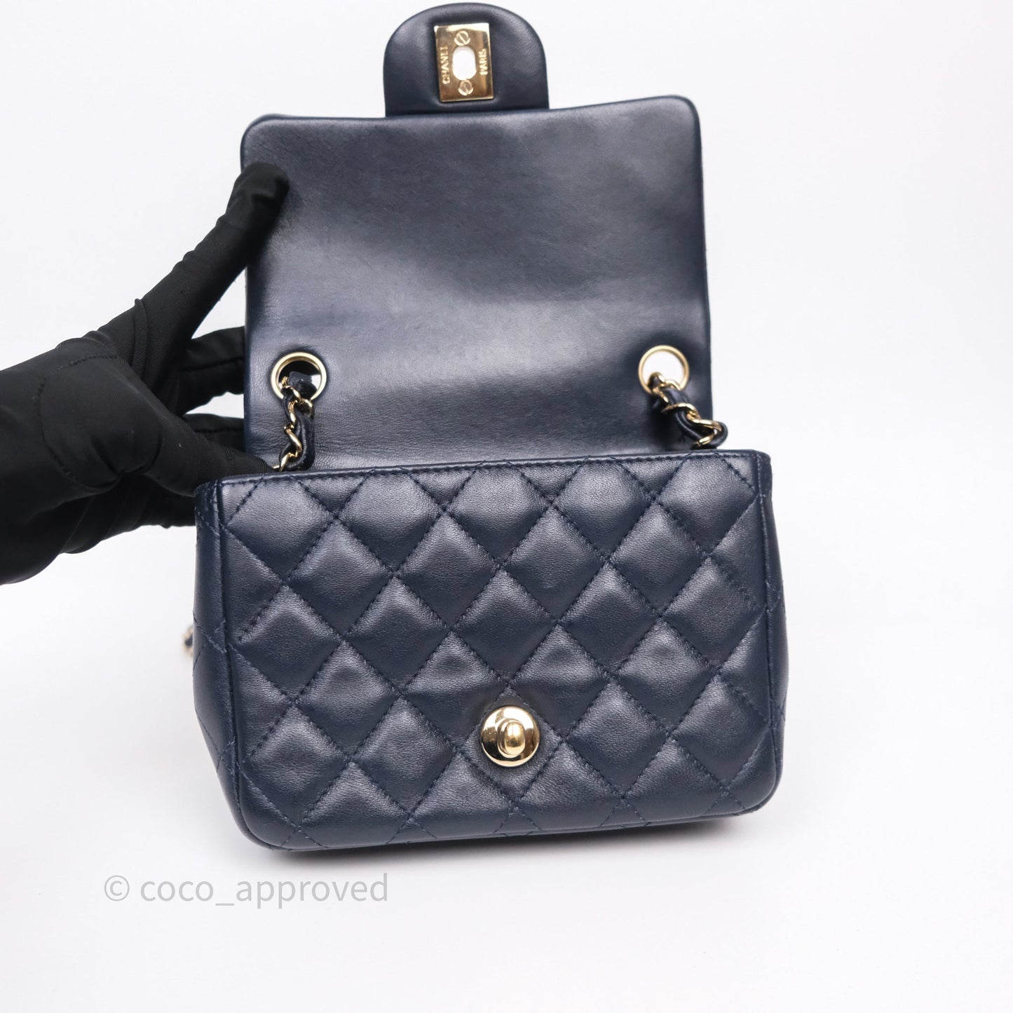 Chanel Mini Square Flap Quilted Navy Lambskin Gold Hardware
